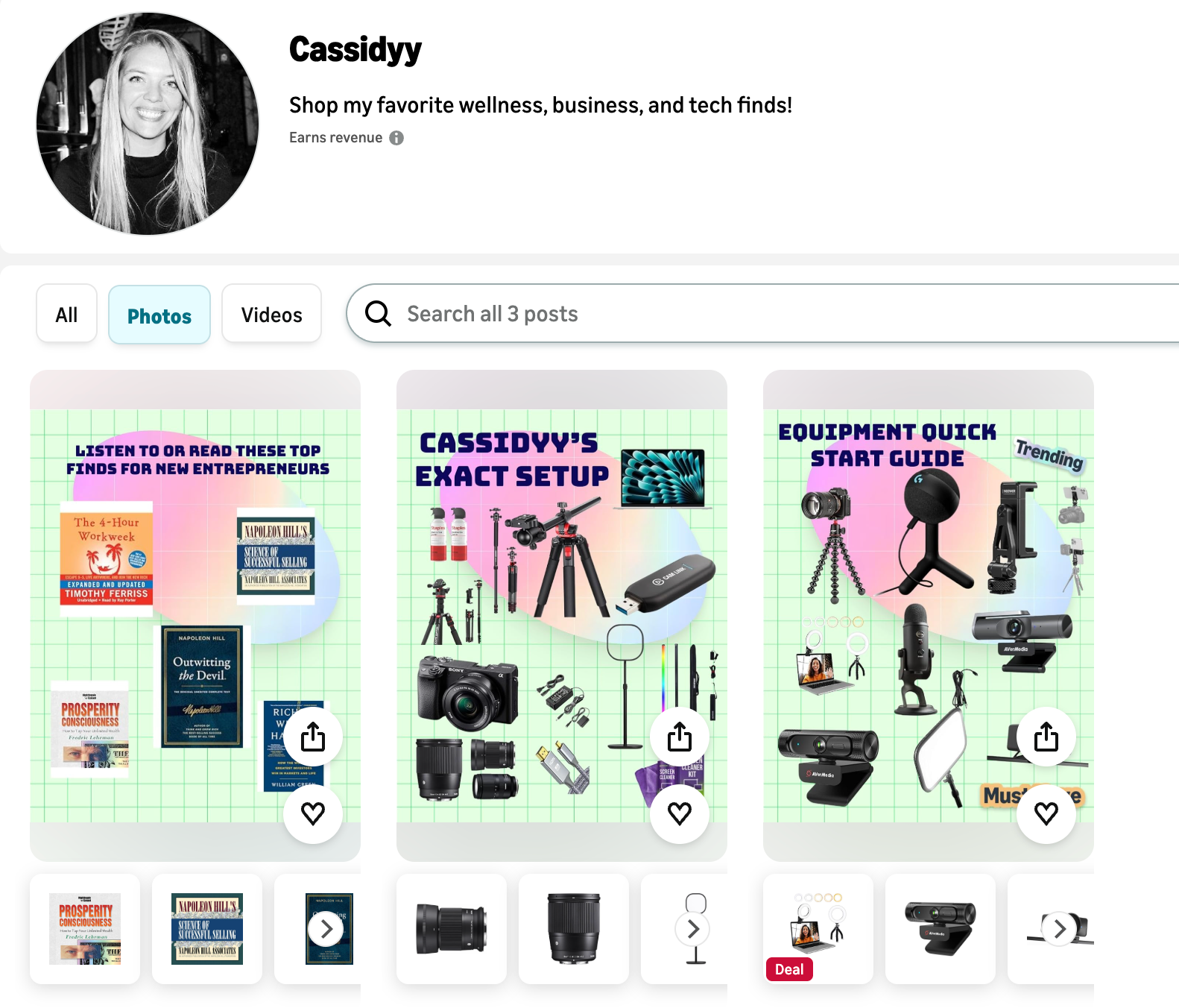 Cassidyy’s Amazon storefront featuring business books, her recording setup, and an equipment quick start guide
